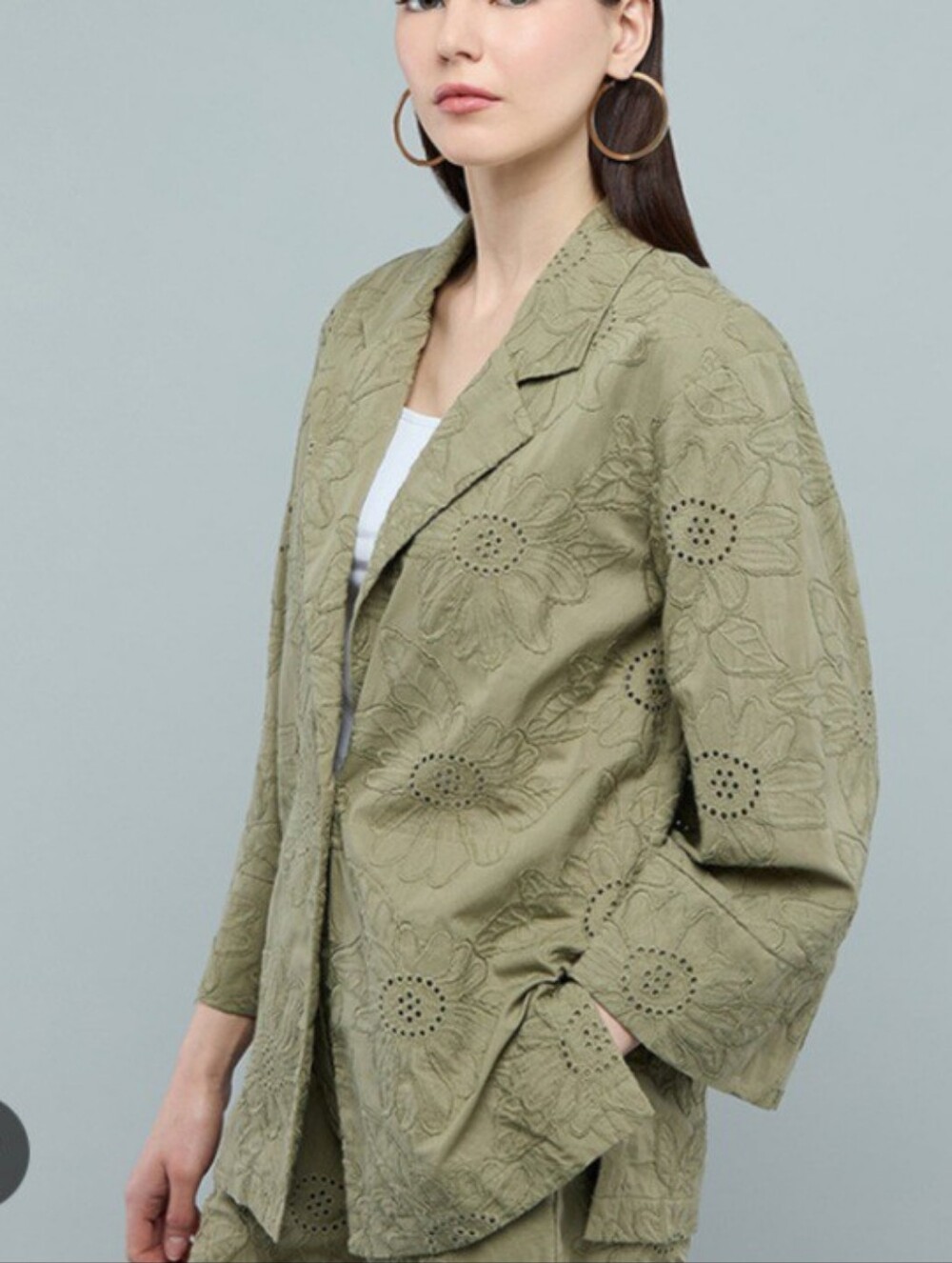 Zara Olive Green Floral Eyelet Embroidered Blazer Jacket- Size M